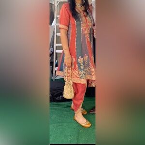 Embroidered Red and Gold Dress with Matching Bag dohti suit